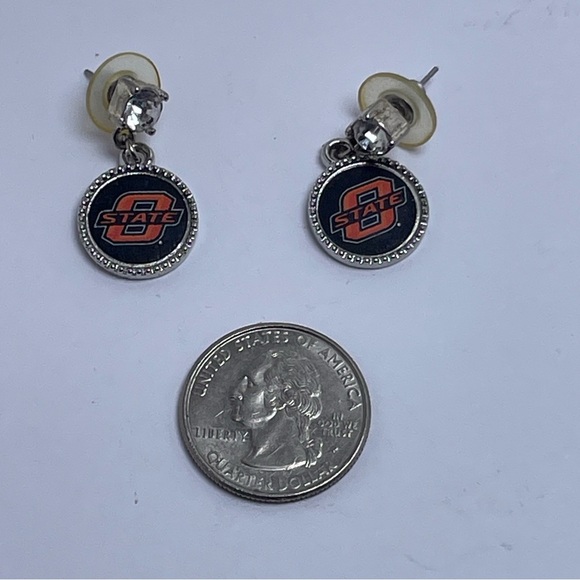 Oklahoma State University Dangle Earrings with Rhinestones - Picture 6 of 6